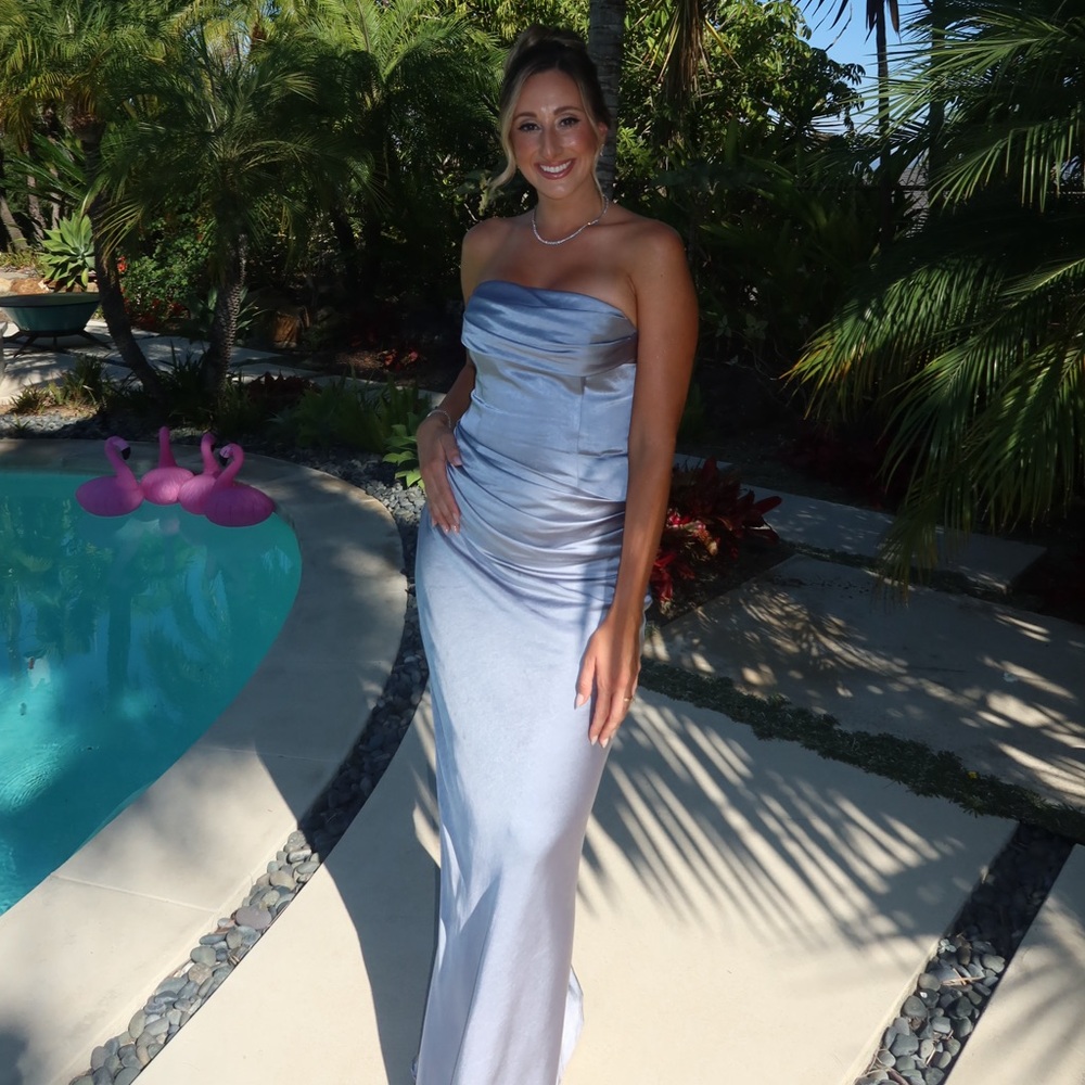 Blue strapless evening gown